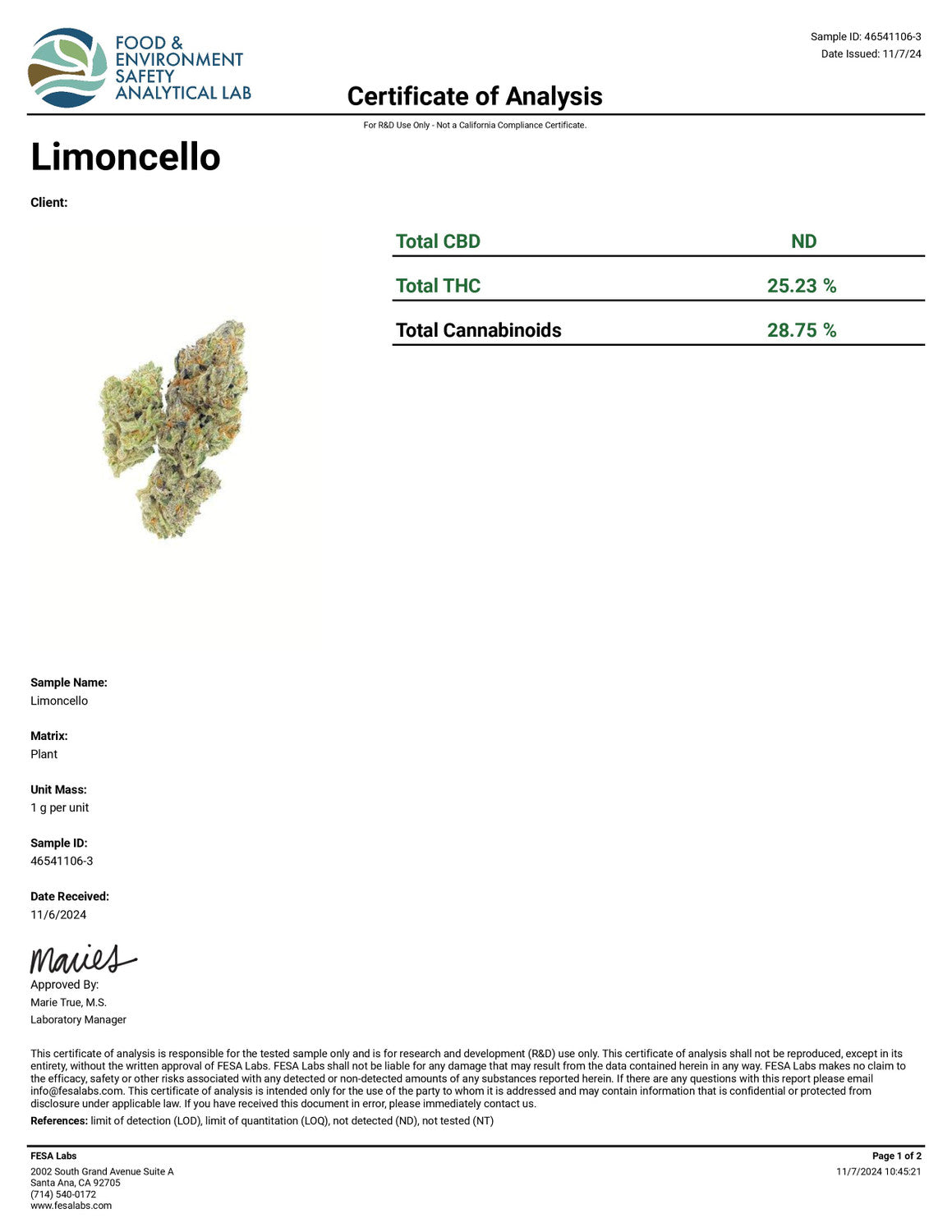 COA lab test results for Premium Lemoncello tHCa flower